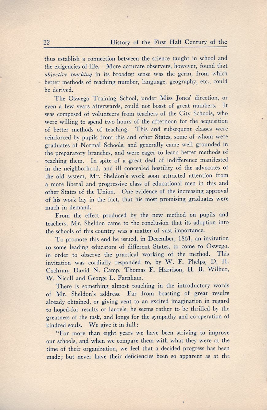History of the First Half Century of the Oswego State Normal and Training School, 
Oswego, N.Y. - Page 22