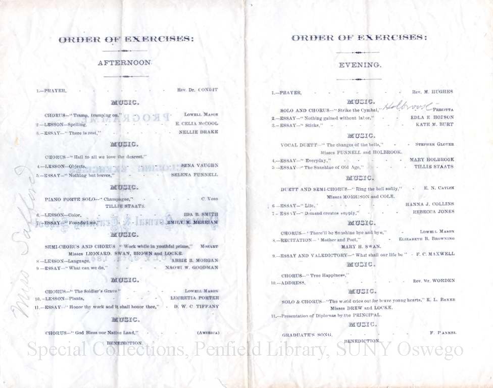 1866 Closing Exercises program of the Oswego Normal & Training School - Commencement July 1866