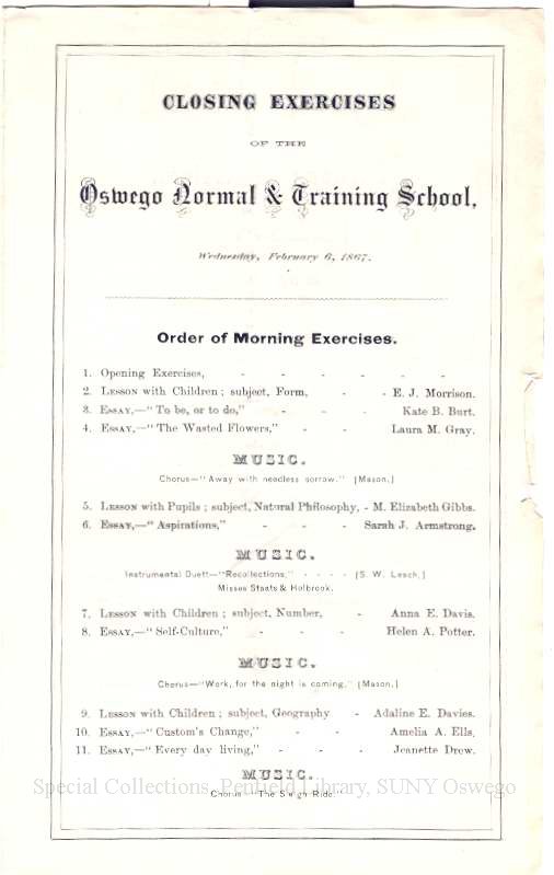 1867 Closing Exercise program of the Oswego Normal & Training School - Commencement February 1867