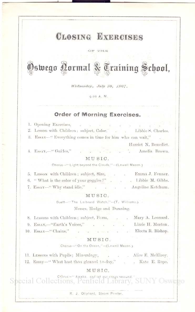 1867 Closing Exercises program of the Oswego Normal & Training School - Commencement July 1868