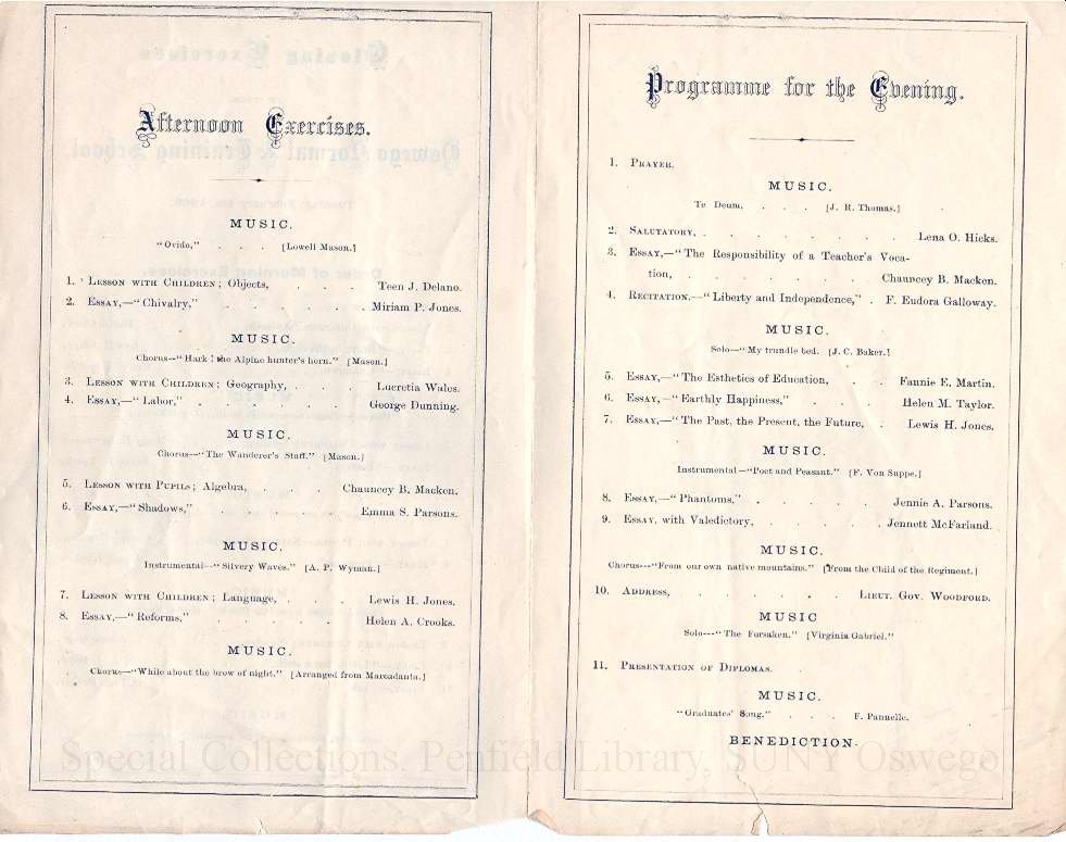 1868 Closing Exercises program of the Oswego Normal & Training School - Commencement February 1868