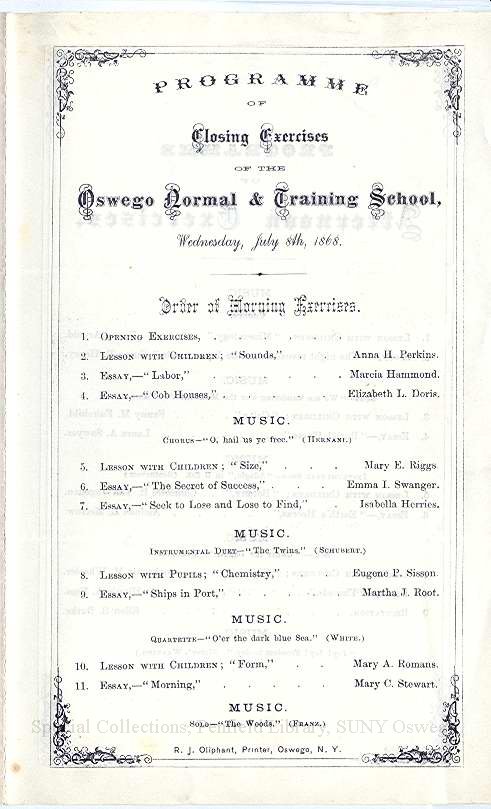 1868 Closing Exercises program of the Oswego Normal & Training School - Closing excercises, 1868