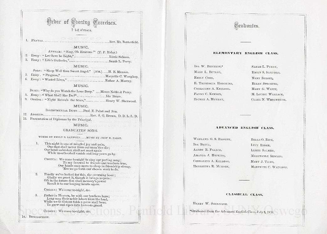 1870 Commencement Exercises program of the Oswego Normal & Training School - Commencement, February 1870