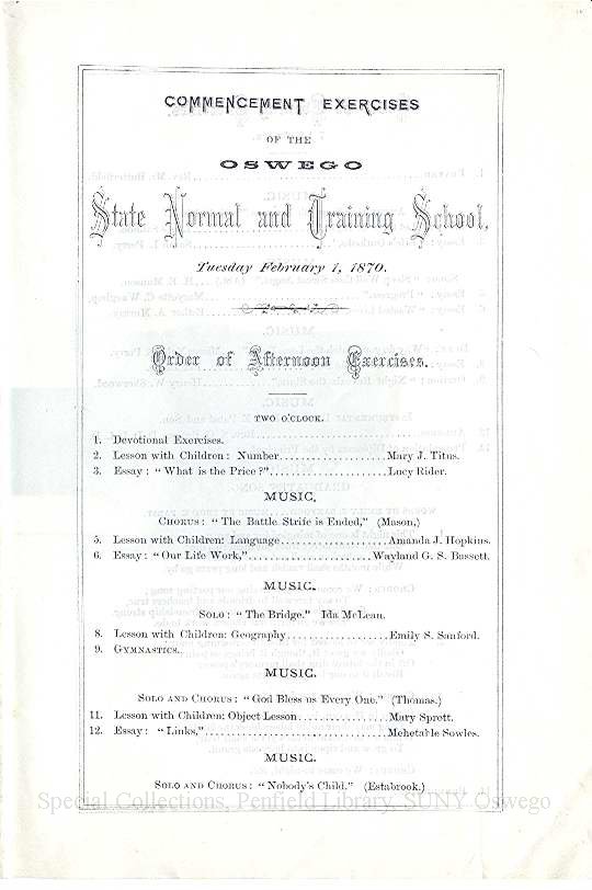1870 Commencement Exercises program of the Oswego Normal & Training School - Commencement, February 1870