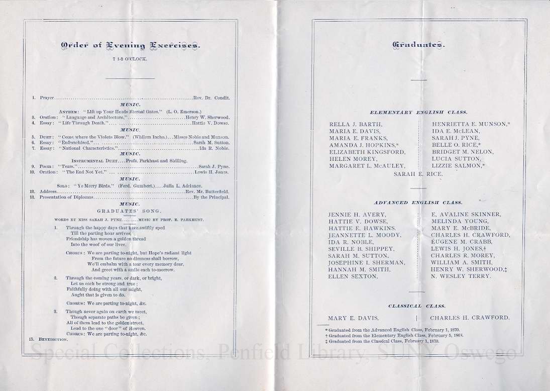 1970 Commencement Exercises program of the Oswego Normal & Training School - Commencement July, 1870