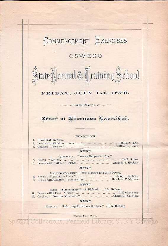 1970 Commencement Exercises program of the Oswego Normal & Training School - Commencement July, 1870
