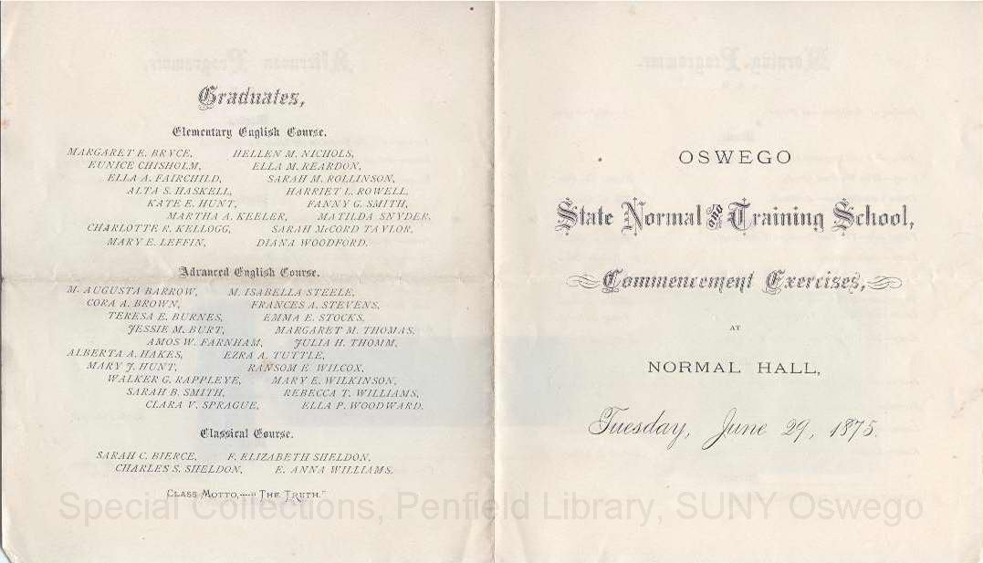 1875 Oswego State Normal & Training School Commencement program - 1875 Commencement Program