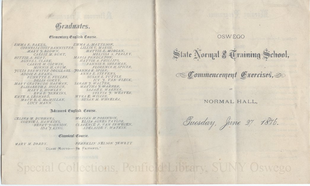 1876 Oswego State Normal & Training School Commencement Exercises program - Commencement, June 1876