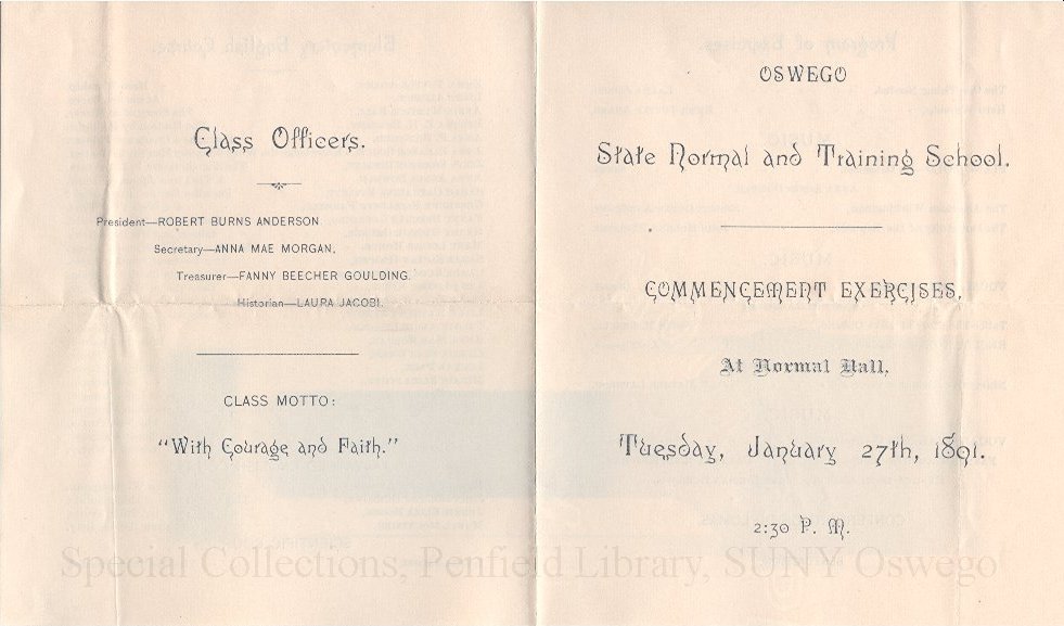 1891 Oswego State Normal and Training School Commencement Exercises program. - Commencement, January 1891