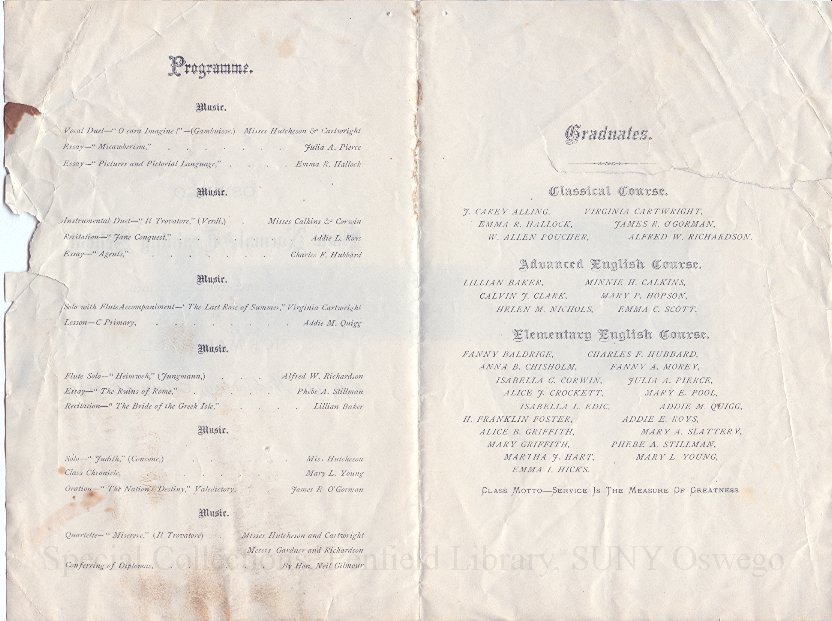 1879 Oswego State Normal and Training School Commencement Exercises program. - Commencement, May 1879