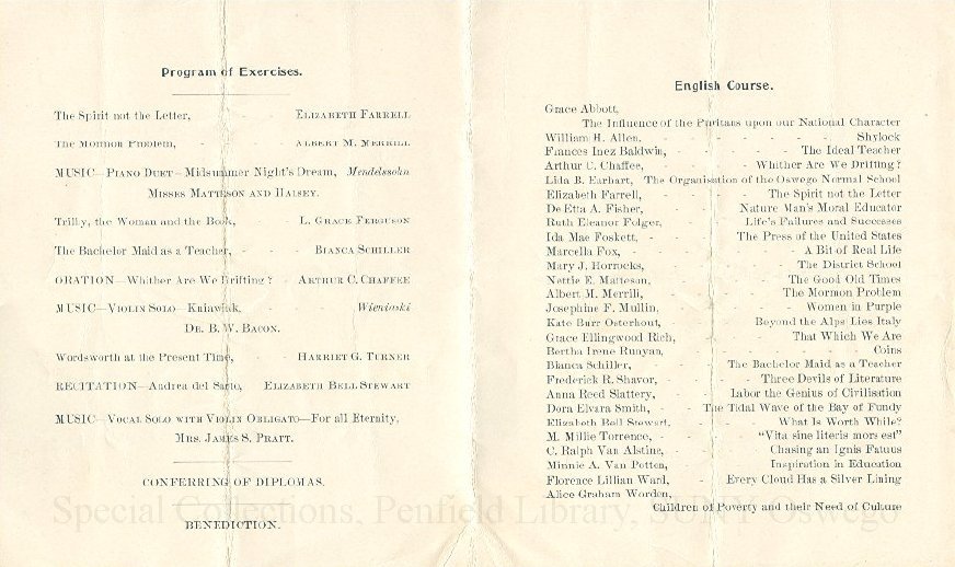 1895 Oswego State Normal and Training School Commencement Exercises program. - Commencement, July 1895