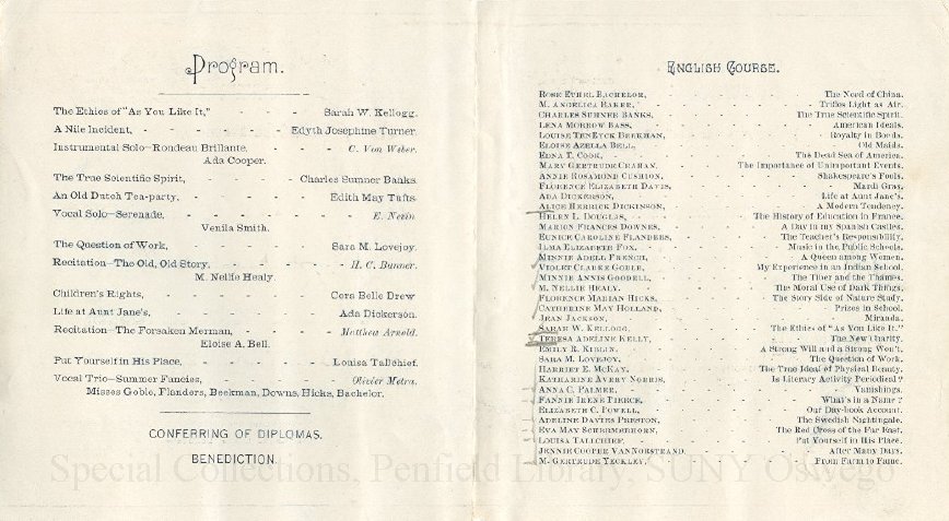1896 Oswego State Normal and Training School Commencement Exercises program. - June 1896 Commencement