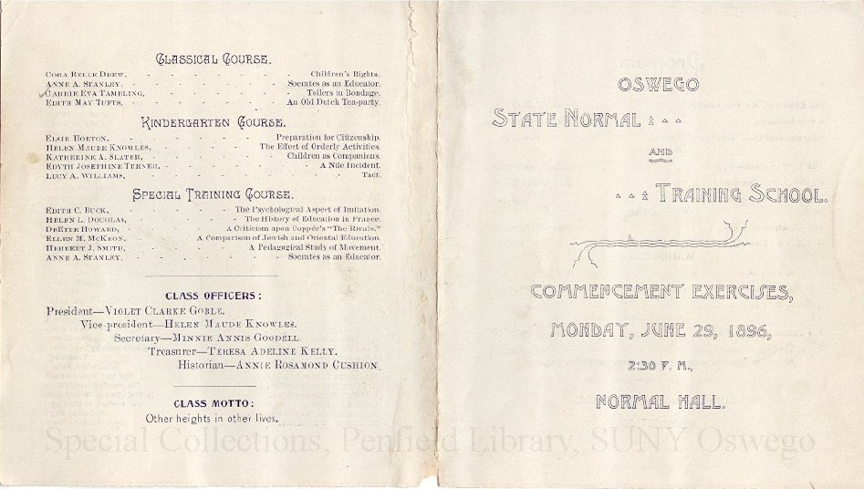 1896 Oswego State Normal and Training School Commencement Exercises program. - June 1896 Commencement