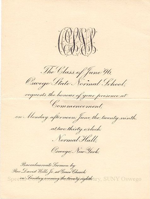 1896 Oswego State Normal School commencement invitation
