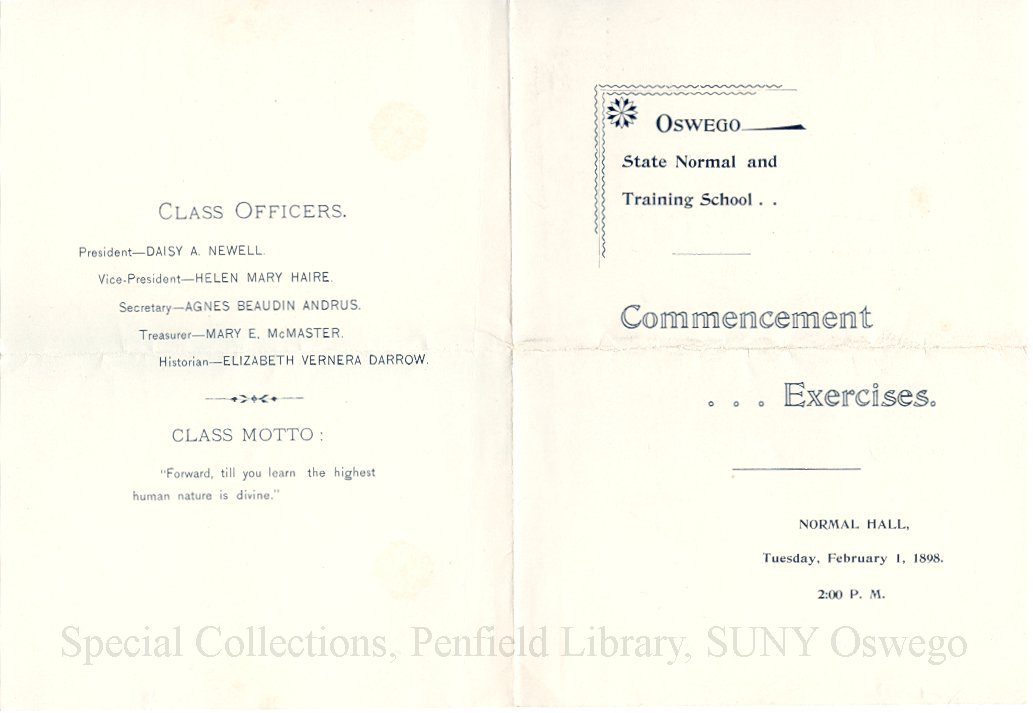 1898 Oswego State Normal and Training School Commencement Exercises program - February 1898 Commencement