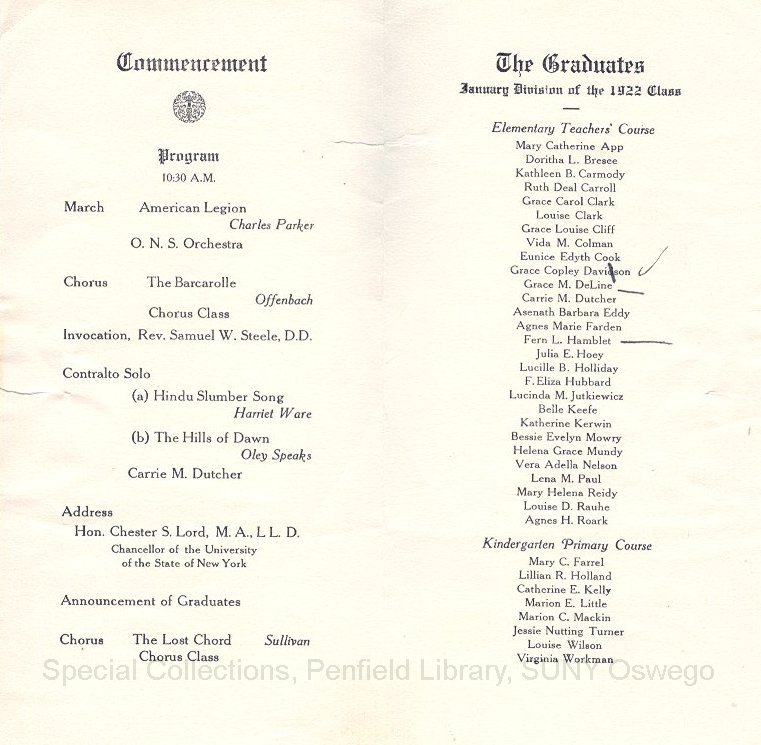 1922 Oswego State Normal & Training School Commencement program - 1922 Commencement Program