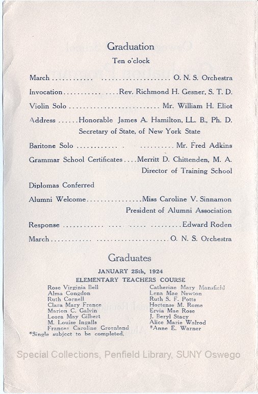1924 Oswego Normal School Graduation Program - 1924 Graduation Program
