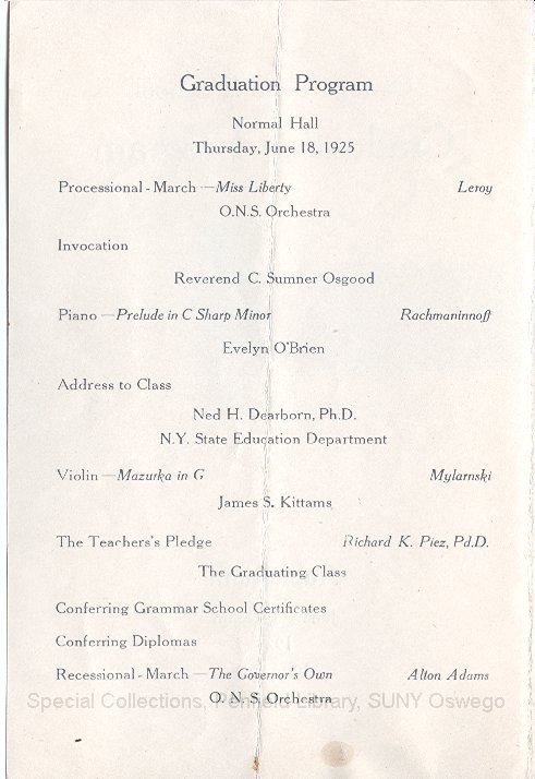 1925 Oswego Normal School Graduation Program - 1925 Graduation Program