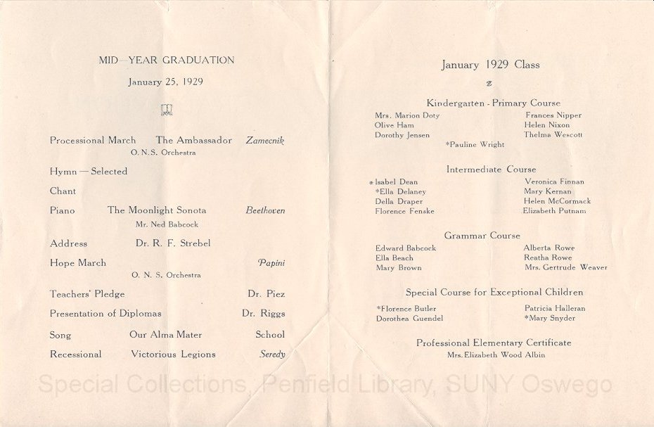 1929 Oswego Normal School Graduation Exercises program - January 1929 Graduation Program