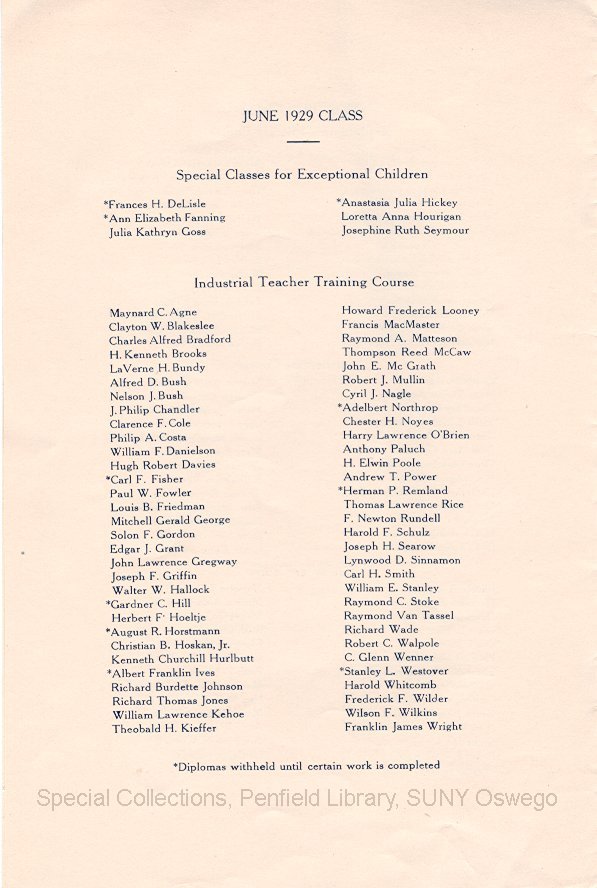 June 1929 Oswego State Normal School Graduation Exercise program - June 1929 Graduation Program