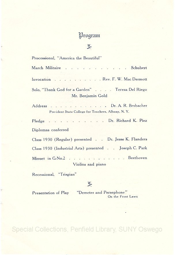 June 1930 Oswego State Normal School Graduation program - June 1930 Graduation Program