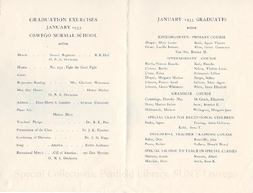 1933 Oswego State Normal School Commencement Exercises program - Jan. 1933 Graduation Program