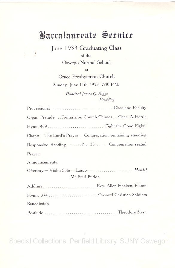 1933 Baccalaureate Service program