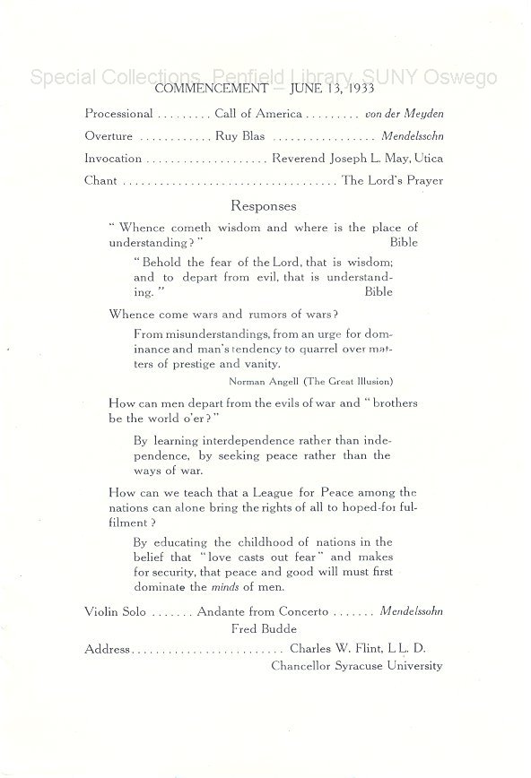1933 Oswego State Normal School Graduation Exercises progam - June 1933 Graduation Program