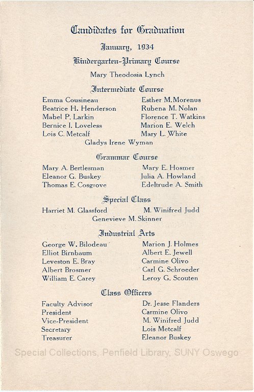 January 1934 Oswego State Normal School Graduation Exercises program - Jan. 1934 Graduation Program