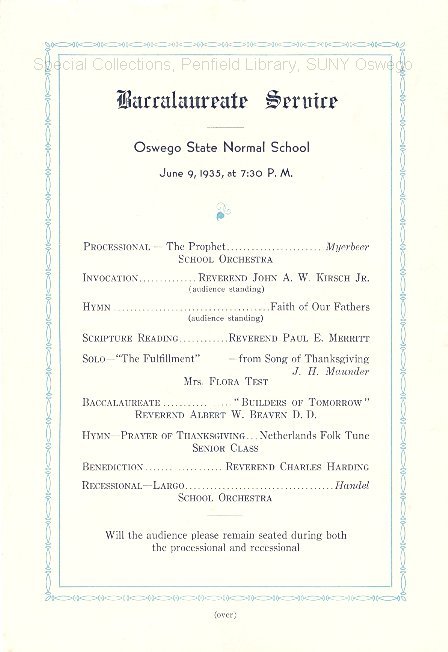 1935 Oswego State Normal School Baccalaureate Service program - 1935 Baccalaureate Service