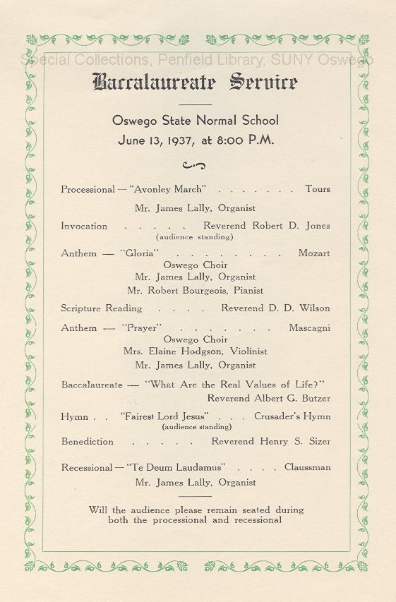 1937 Oswego State Normal School Baccalaureate Service program