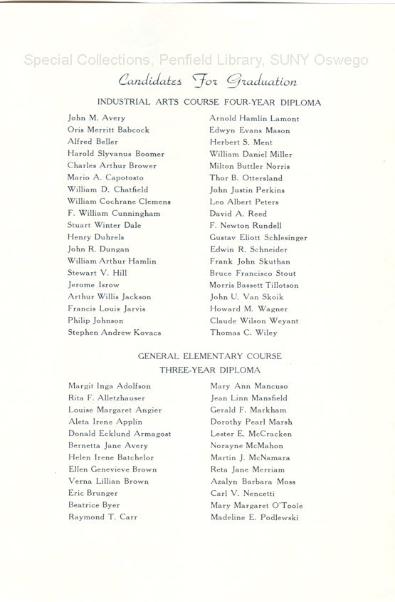 1938 Oswego State Normal School Commencement program - 1938 Commencement program