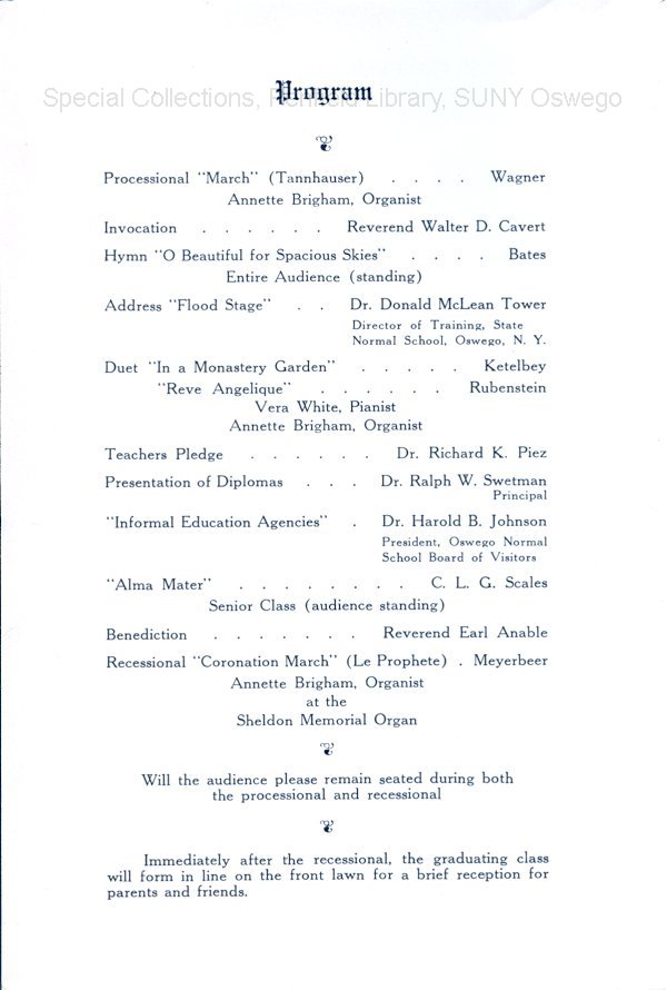1939 Oswego State Normal School Commencement program - 1939 Commencement Invitation
