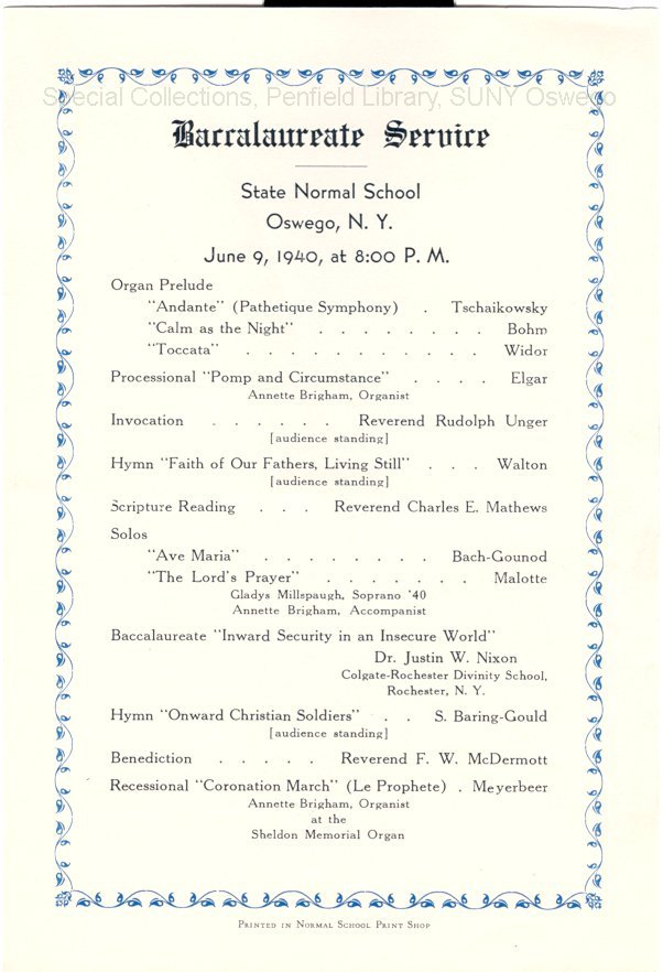 1940 Oswego State Normal School Baccalaureate Service program