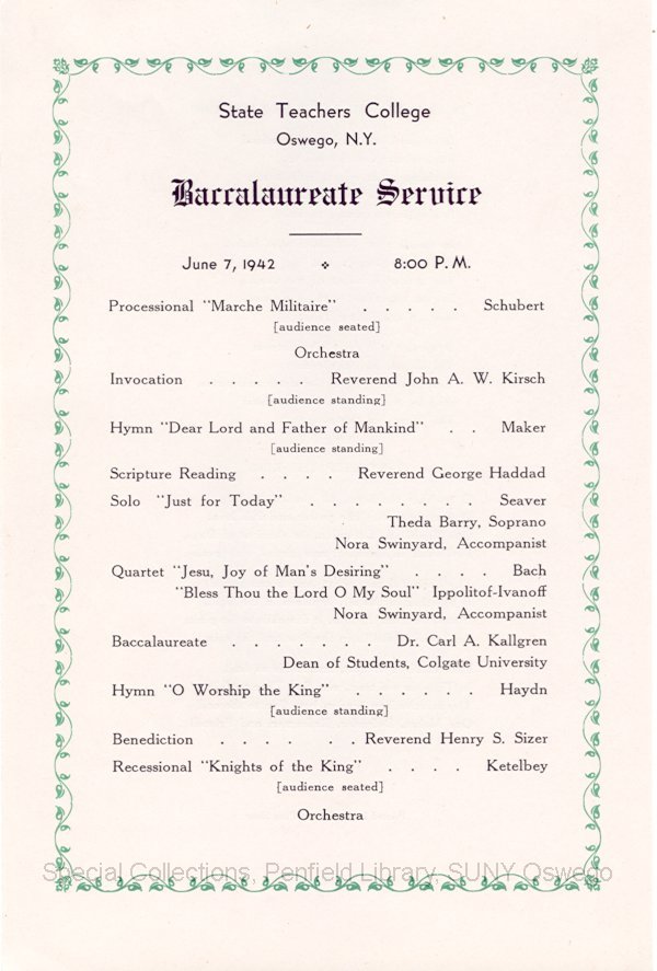 1942 Oswego State Teachers College Commencement + Baccalaureate programs - 1942 Baccalaureate program