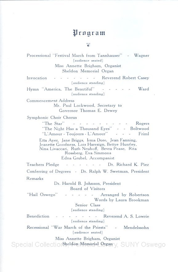 1943 Oswego State Teachers College Commencement + Baccalaureate programs - 1943 Baccalaureate program