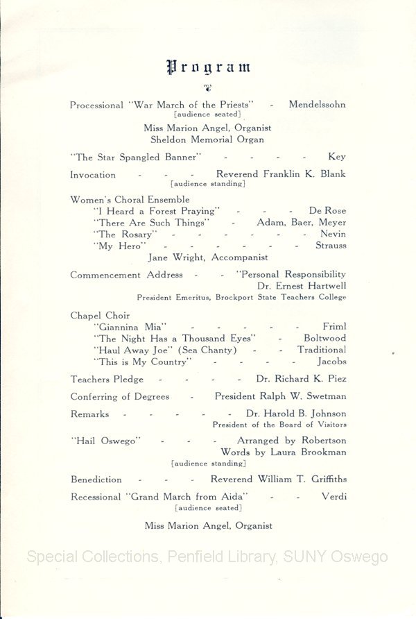 1945 Oswego State Teachers College Commencement + Baccalaureate programs - 1945 Commencement program