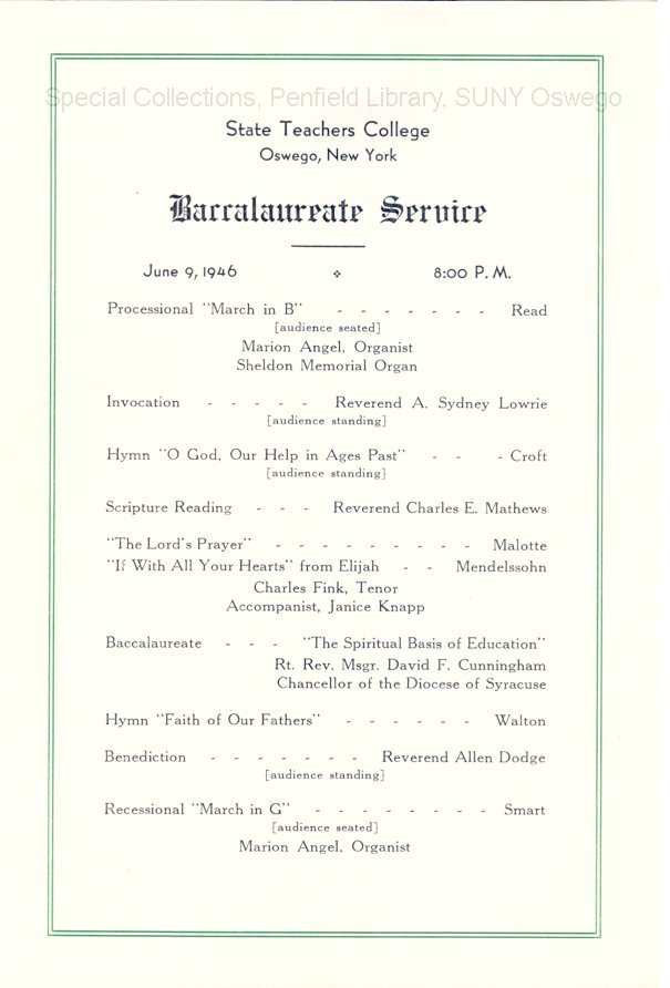 1946 Oswego State Teachers College Commencement + Baccalaureate programs - 1946 Commencement program