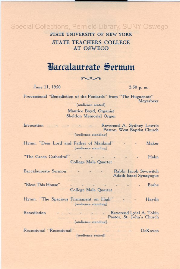 1950 SUNY State Teachers College at Oswego Commencement + Baccalaureate programs