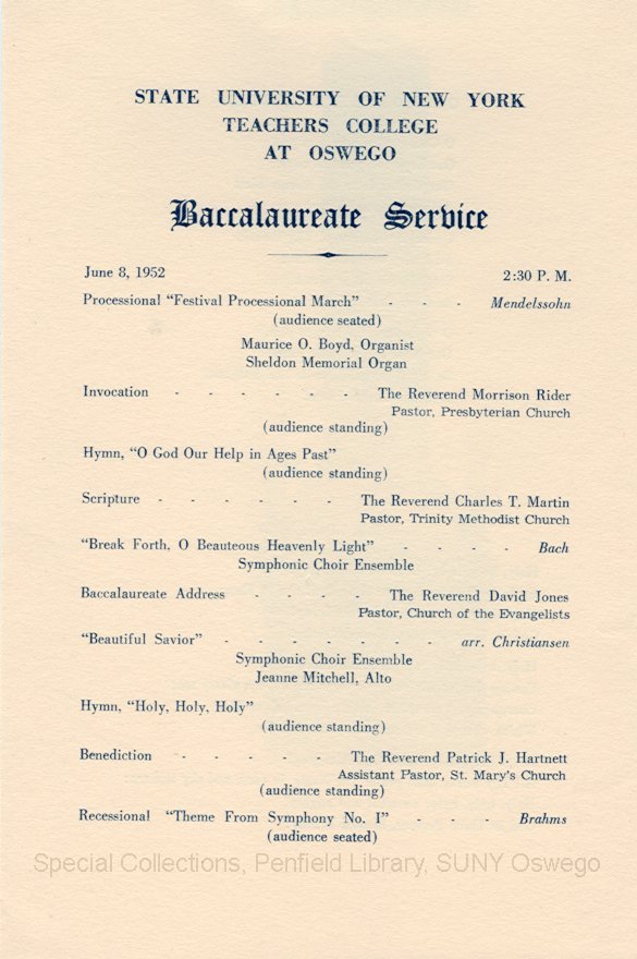 1952 SUNY Teachers College at Oswego Commencement + Baccalaureate programs