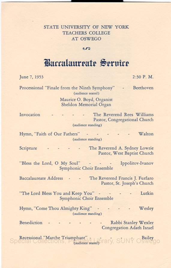1953 SUNY Teachers College at Oswego Commencement + Baccalaureate Service programs