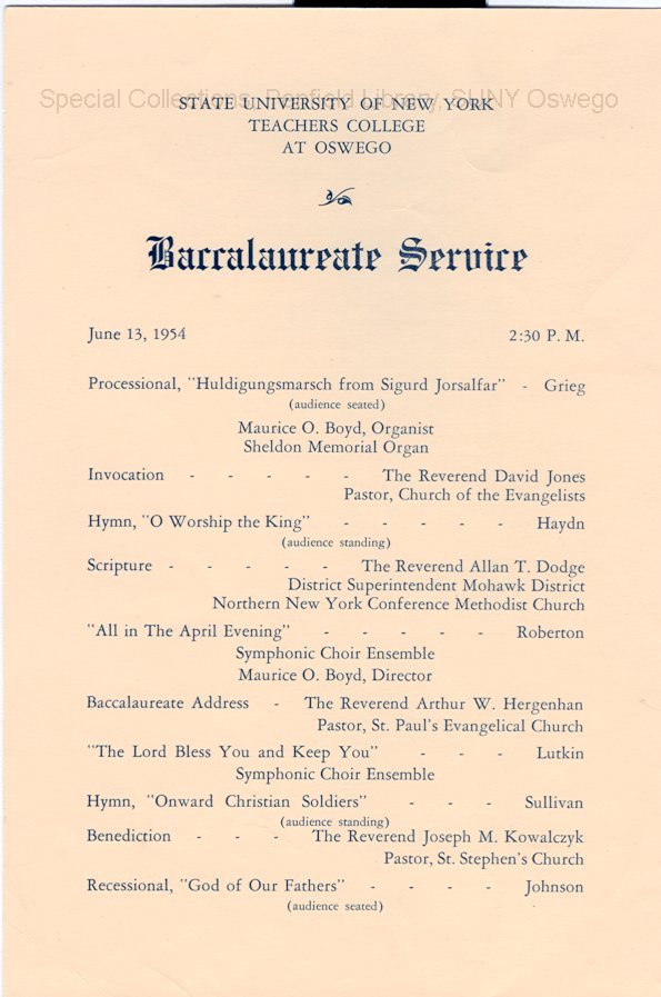 1954 SUNY Teachers College at Oswego Commencement + Baccalaureate Service programs