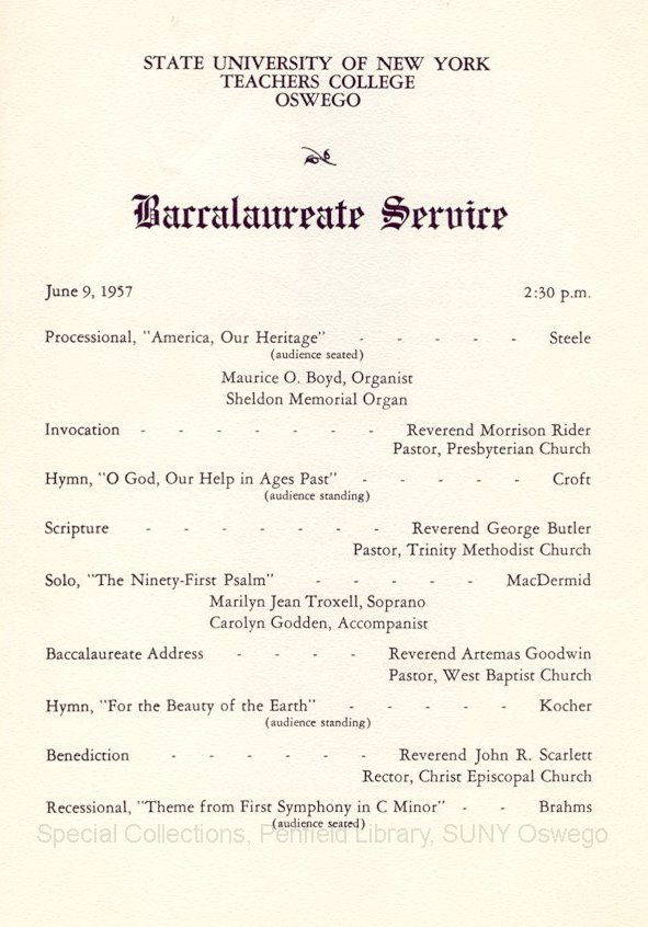1957 SUNY Teachers College at Oswego Commencement + Baccalaureate Service prorams