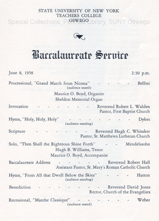 1958 SUNY Teachers College at Oswego Commencement + Baccalaureate Service programs