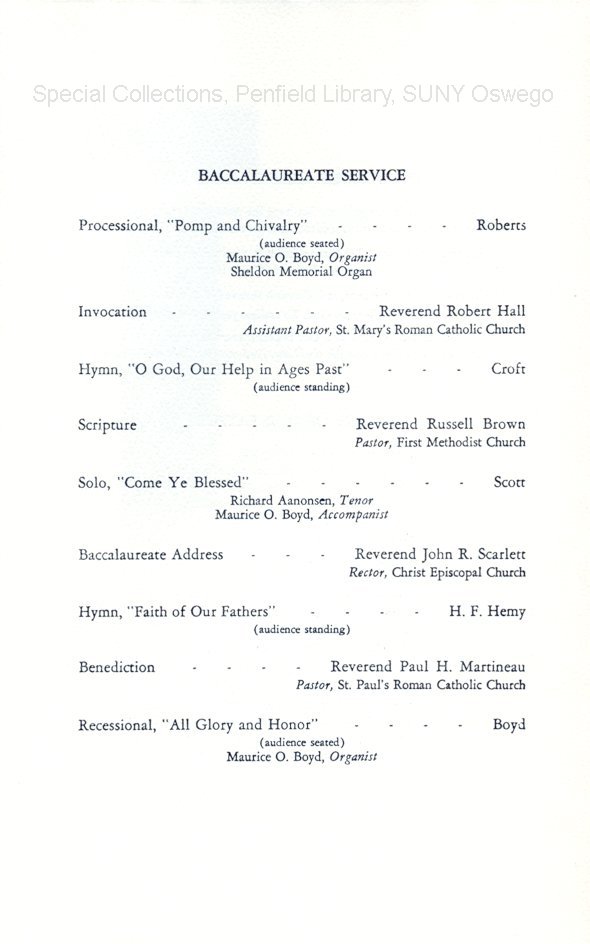1959 SUNY Teachers College at Oswego Commencement + Baccalaureate programs - 1959 Baccalaureate program