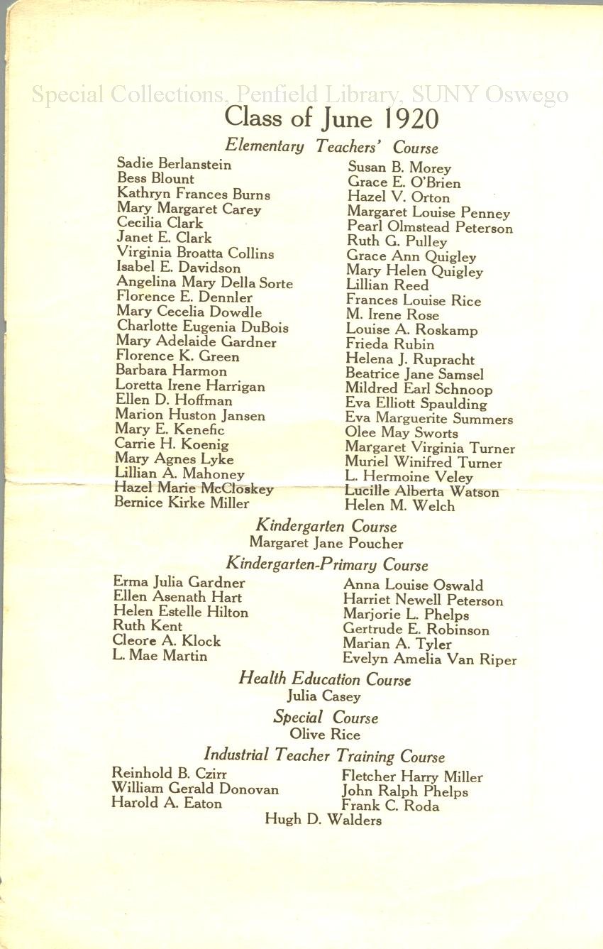 1920 Oswego State Normal & Training School Commencement program - 1920 Commencement Program