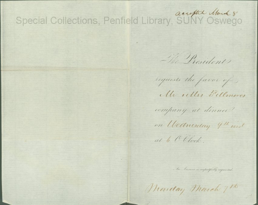 Invitation from the President to Mr. + Mrs. Fillmore