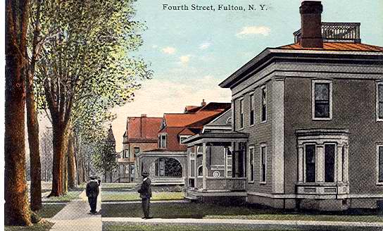 Color postcard showing a view of Fourth Street, Fulton, N. Y. Number A-15239 stamped on back. - Page 1