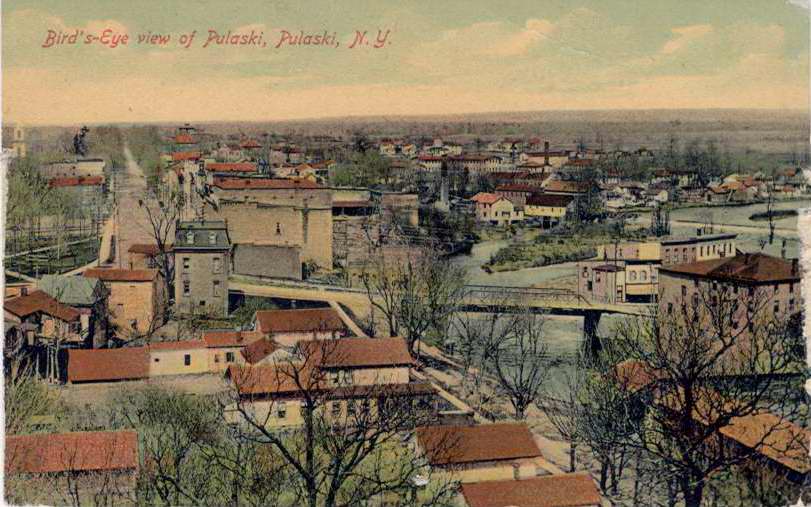 Color postcard with caption, "Bird's-Eye view of Pulaski, Pulaski, N.Y."  Handwritten note on back.  Stamped with Pulaski postmark. - Page 1