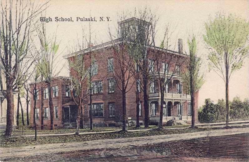 Color postcard with caption, "High School, Pulaski, N.Y." - Page 1